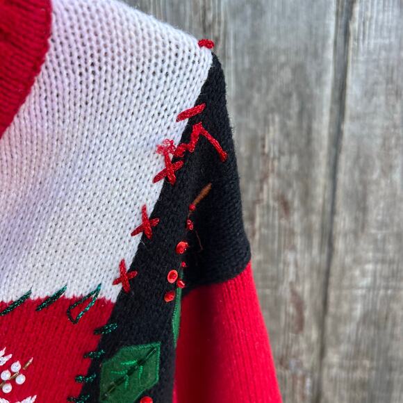 VTG Tiara Ugly Christmas cardigan sweater poinsettia snowflake Holly pinecone L - Picture 6 of 6